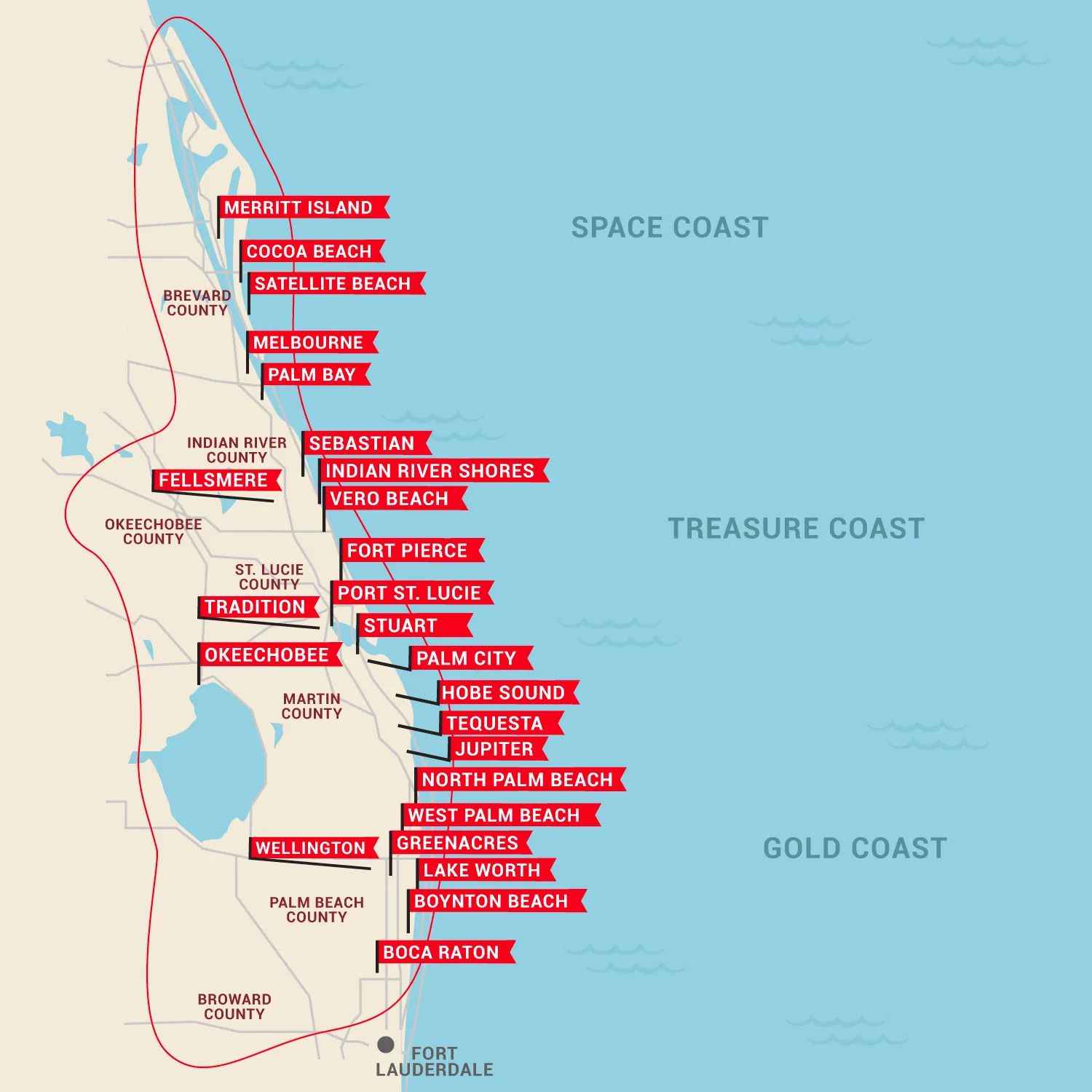 LEED Service Area Map of cities serviced on the Florida coast