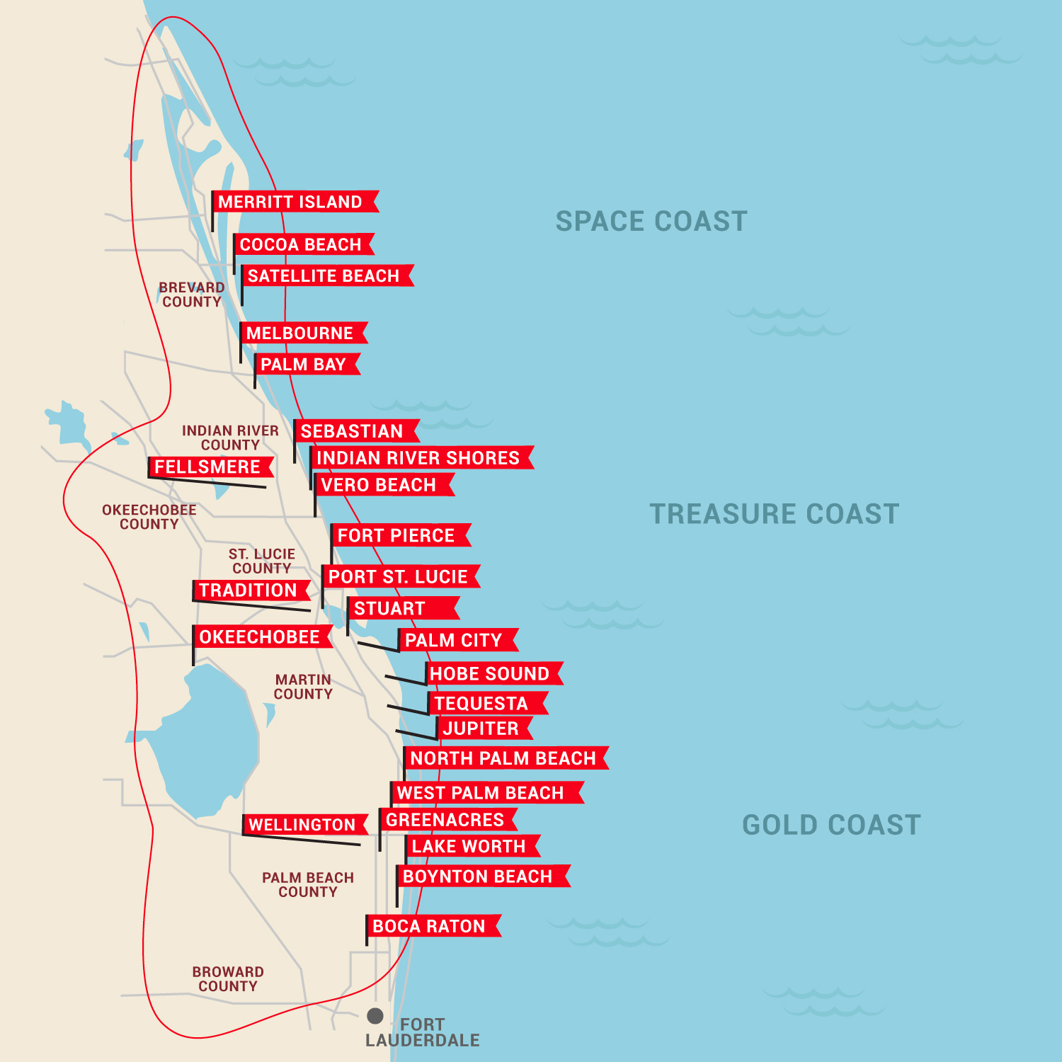 LEED Service Area Map of cities serviced on the Florida coast