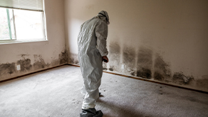 professional treating mold growth inside an empty room of a home. The mold is growing from the floor up along the walls and appears to be coming from the inside of the walls, possibly from water damage.