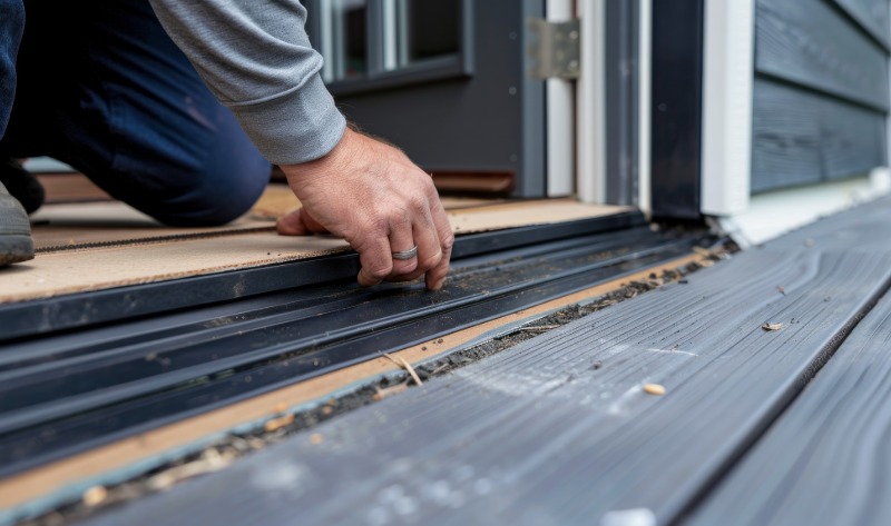 Technician installing weather stripping on a door threshold.